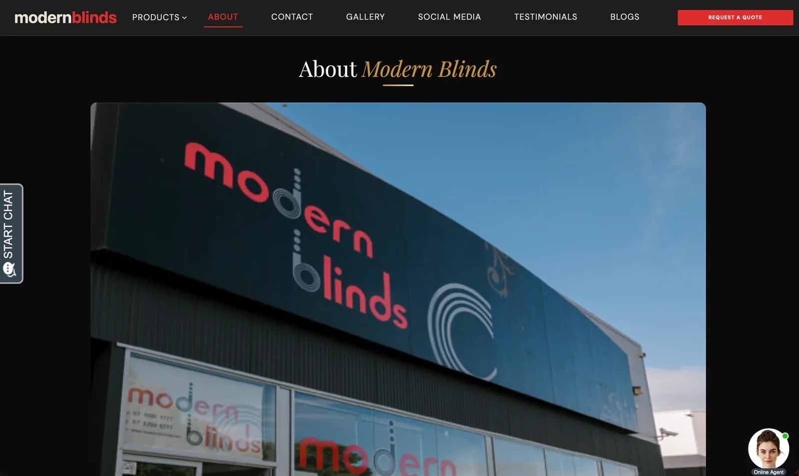 The redesigned Modern Blinds About page: dark, full-width shopfront photo